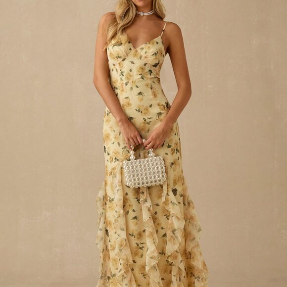 Yellow Elegant Women's Romantic Floral Maxi Dress - Picture 1 of 7